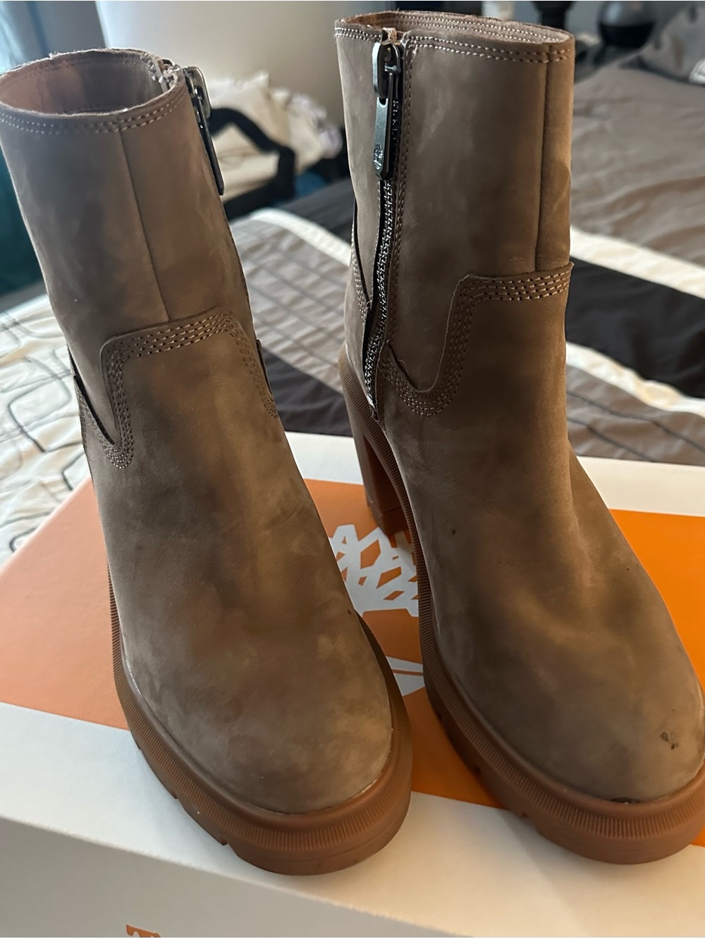 Timberland Taupe Nubuck Platform Ankle Boots with Side Zipper